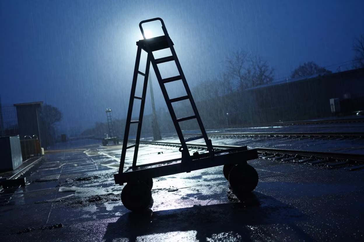Blue Hour Ladder Cart Silhouette at Rail Yard in at a rail yard near Bradford
