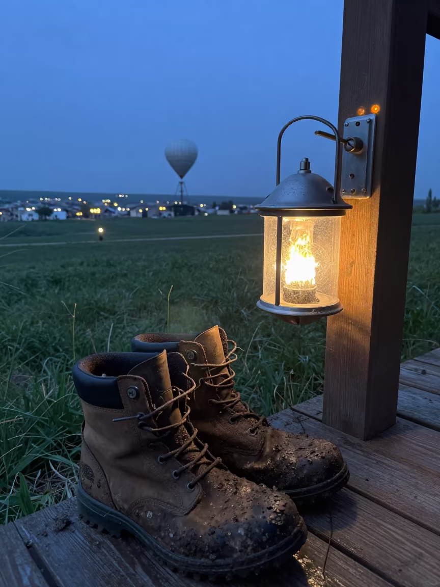 Blue Hour Lamp Above Muddy Boots in near a weather balloon launch site in Azerbaijan