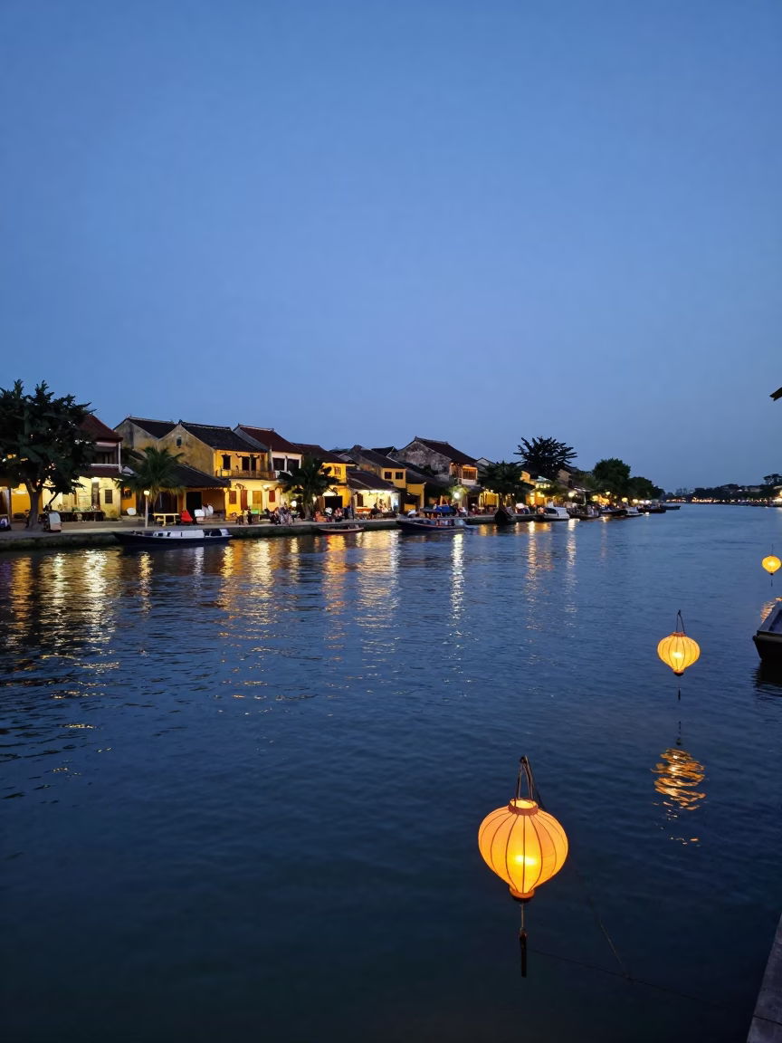 Blue Hour Landscape of Hoi An Vietnam River and Lanterns at Dusk in in Hoi An, Vietnam