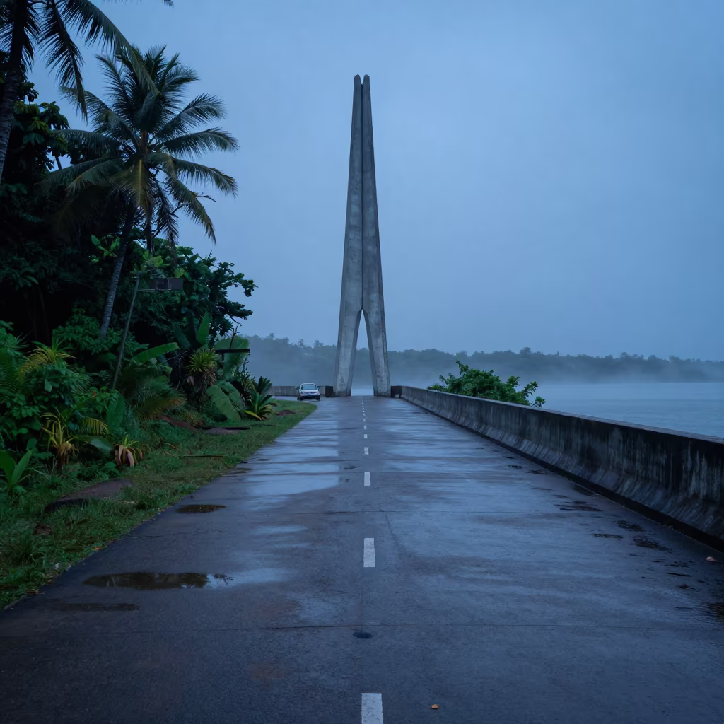 Blue Hour Levee Road with Puddles After Storm in beside a storm surge barrier in Papua New Guinea