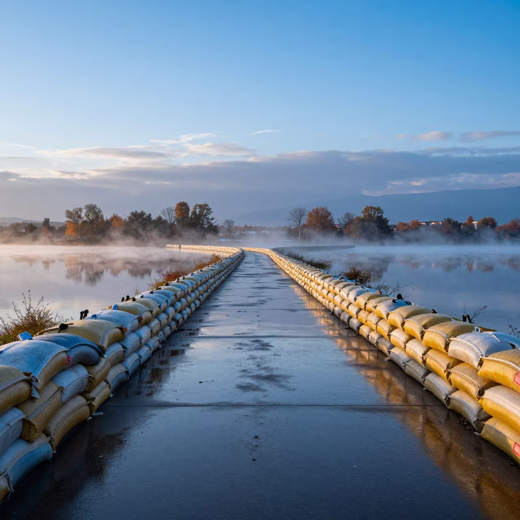 Blue Hour Levee Road with Sandbag Rows Albania in along a levee path above floodwater in Albania