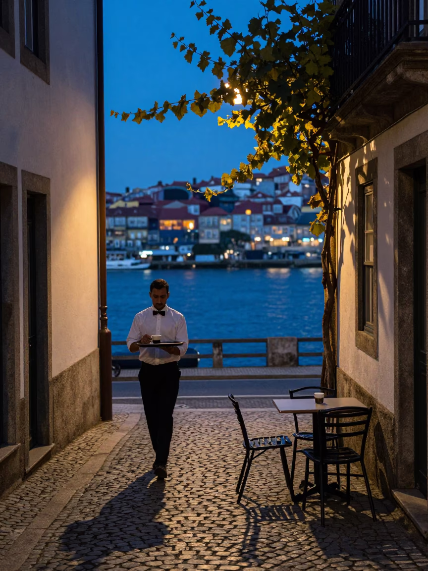 Blue Hour Light on Cobblestones Near Douro River in Porto Portugal in in Porto, Portugal