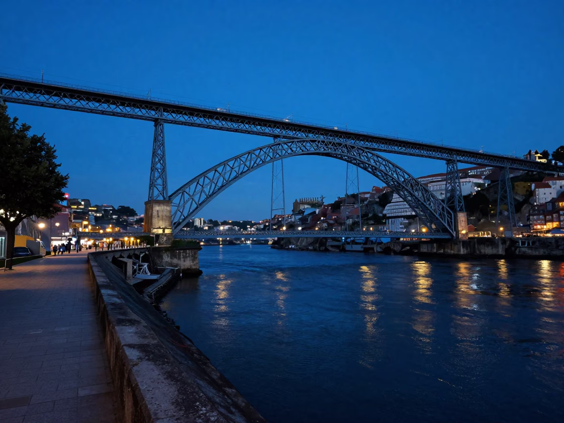 Blue Hour Light Over Douro River Bridge Pier Cutwater and Porto Street Scene in in Porto, Portugal