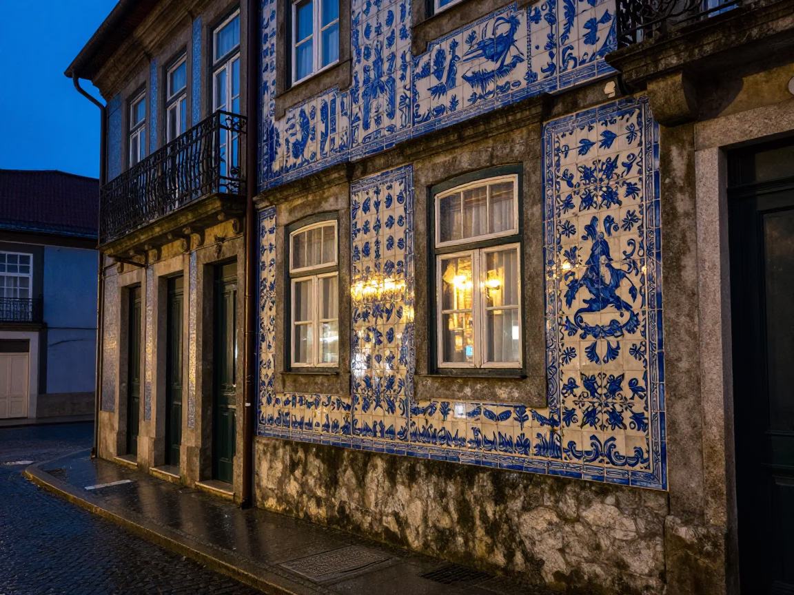 Blue Hour Light Reflects On Traditional Azulejo Tiles In Porto Portugal in in Porto, Portugal