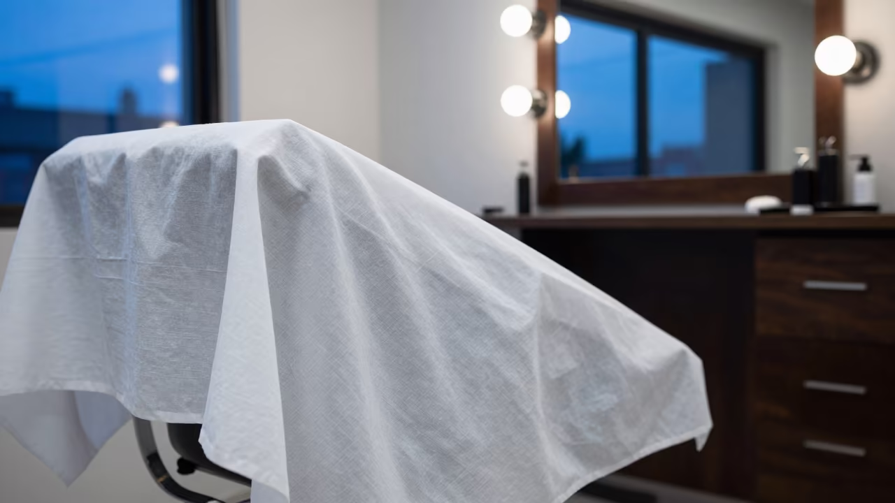 Blue Hour Linen Sheet at Harare Barber Station in at a barber station beneath mirror bulbs in Harare