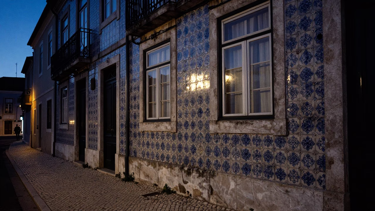 Blue Hour Lisbon Street Scene With Glazed Ceramic Reflection And Black Cat On Windowsill in in Lisbon, Portugal