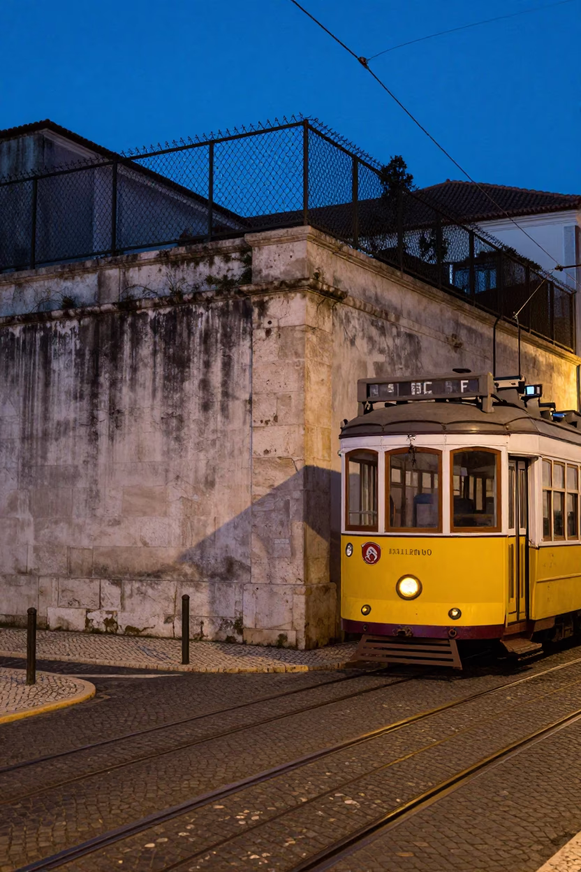 Blue Hour Lisbon Street Scene with Substation Fence and Evening Light in in Lisbon, Portugal