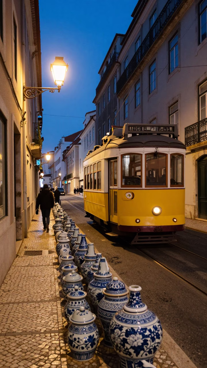 Blue Hour Lisbon Street Scene with Traditional Tram and Porcelain Jars in in Lisbon, Portugal