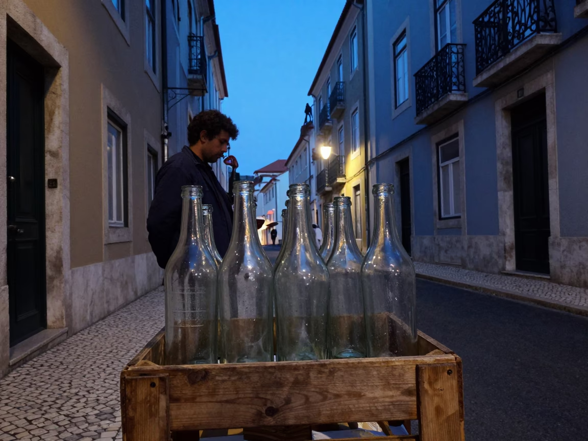 Blue Hour Lisbon Street Scene with Vintage Glass Bottles and Local Life in in Lisbon, Portugal