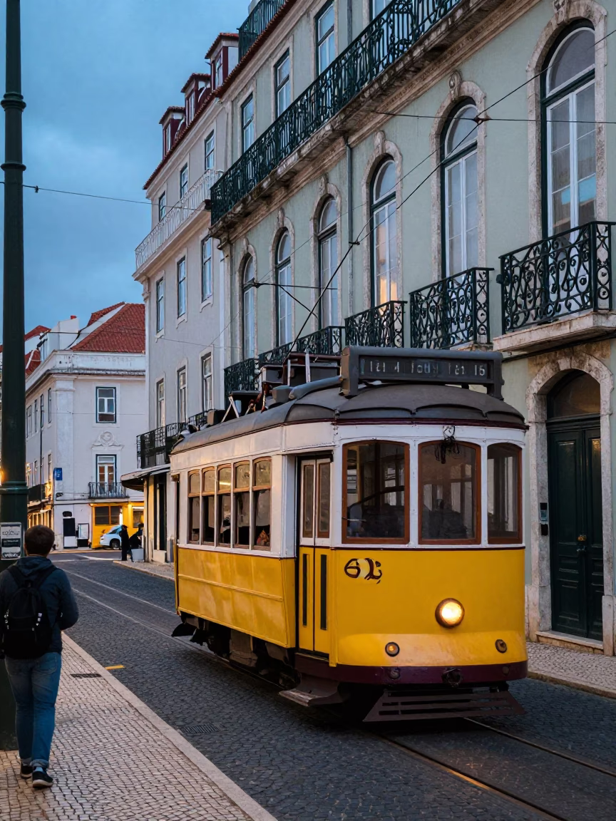 Blue Hour Lisbon Tram 28 Passing Art Nouveau Facades with String Lights in in Lisbon, Portugal
