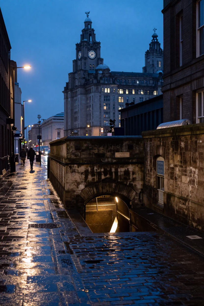 Blue Hour Liverpool Street Scene with Service Tunnel Sump Reflections and Vintage 1960s Atmosphere in in Liverpool, United Kingdom