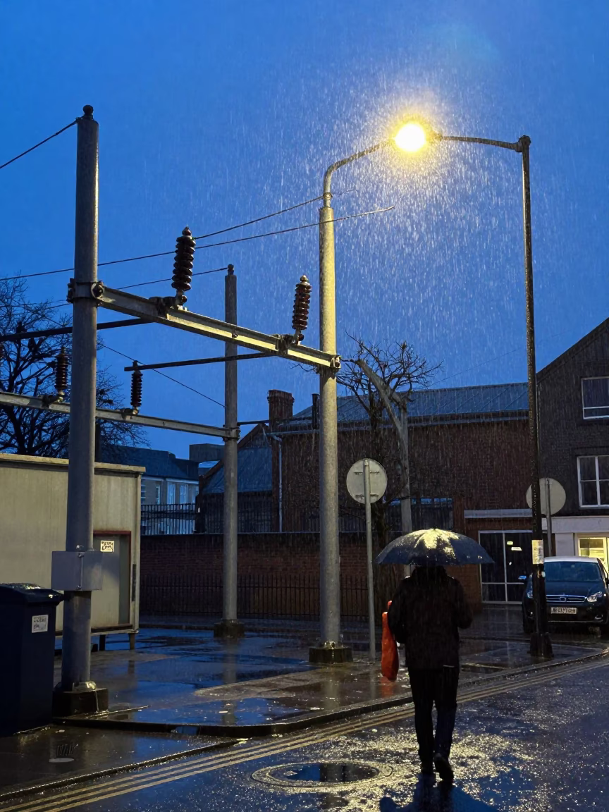 Blue Hour Liverpool Street Scene with Substation Insulators and Rain in in Liverpool, United Kingdom