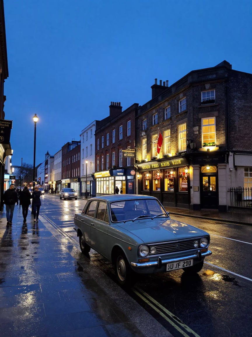 Blue Hour Liverpool Street Scene with Vintage 1970s Car and Pub Sign in in Liverpool, United Kingdom