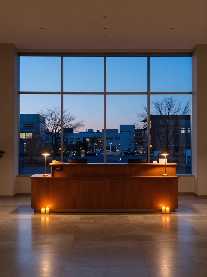 Blue Hour Lobby Reception Desk in inside a coworking floor in Chiba