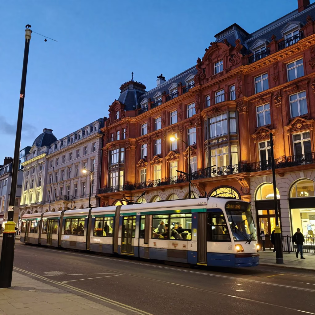 Blue Hour London Street Scene with Art Nouveau Facades and Passing Tram in in London, United Kingdom