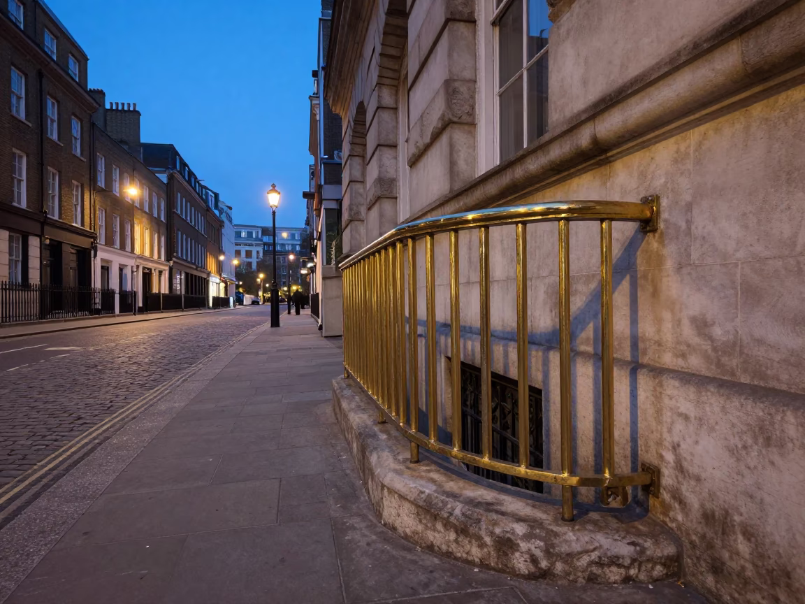 Blue Hour London Street Scene with Brass Rail and Cobblestones in in London, United Kingdom