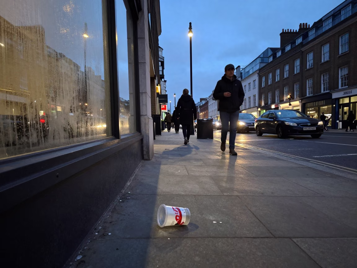 Blue Hour London Street Scene with Condensation on Glass and Urban Reflections in in London, United Kingdom