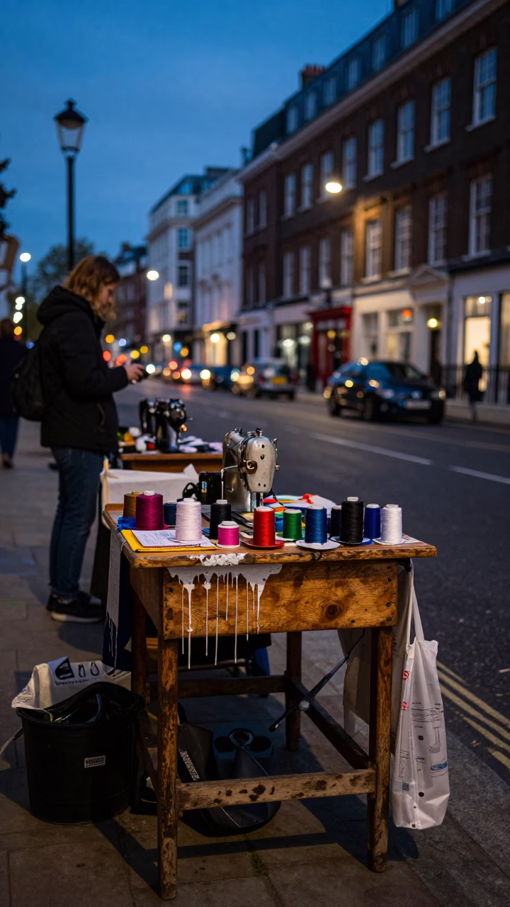 Blue Hour London Street Scene with Dried Enamel Drips and Vintage Props in in London, United Kingdom