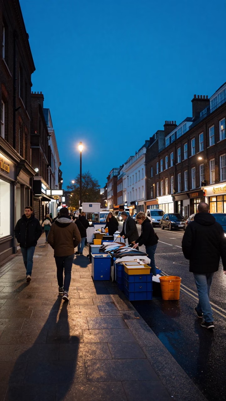 Blue Hour London Street Scene with Fish Market Auction Activity and Urban Details in in London, United Kingdom