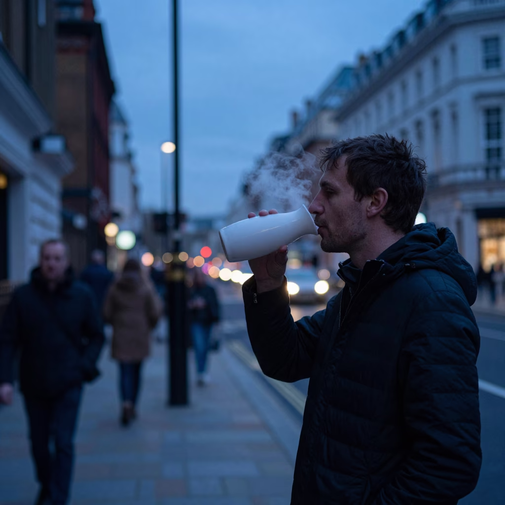 Blue Hour London Street Scene with Man Holding Drinking Vessel and Rusty Latch Detail in in London, United Kingdom