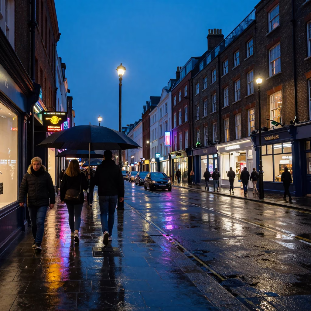 Blue Hour London Street Scene with Umbrellas and Shopfronts in in London, United Kingdom