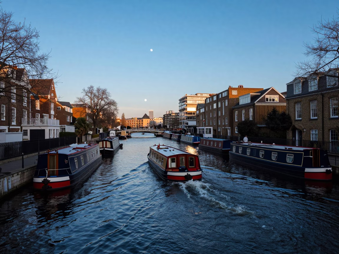 Blue Hour London Street Scene with Water Taxi and Canal Houseboats in in London, United Kingdom