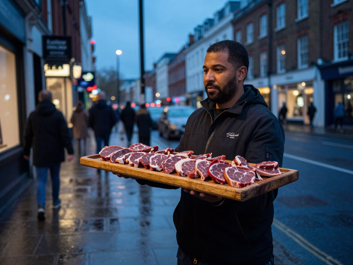 Blue Hour London Street Scene with Wooden Platter of Ethiopian Kitfo and Injera in in London, United Kingdom