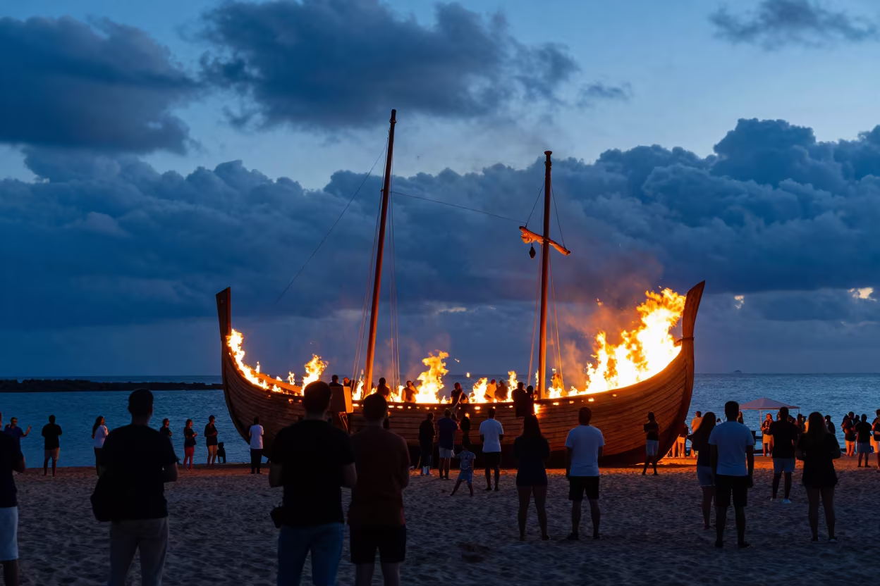 Blue Hour Longship Fire Festival Walvis Bay in at a waterfront celebration in Walvis Bay