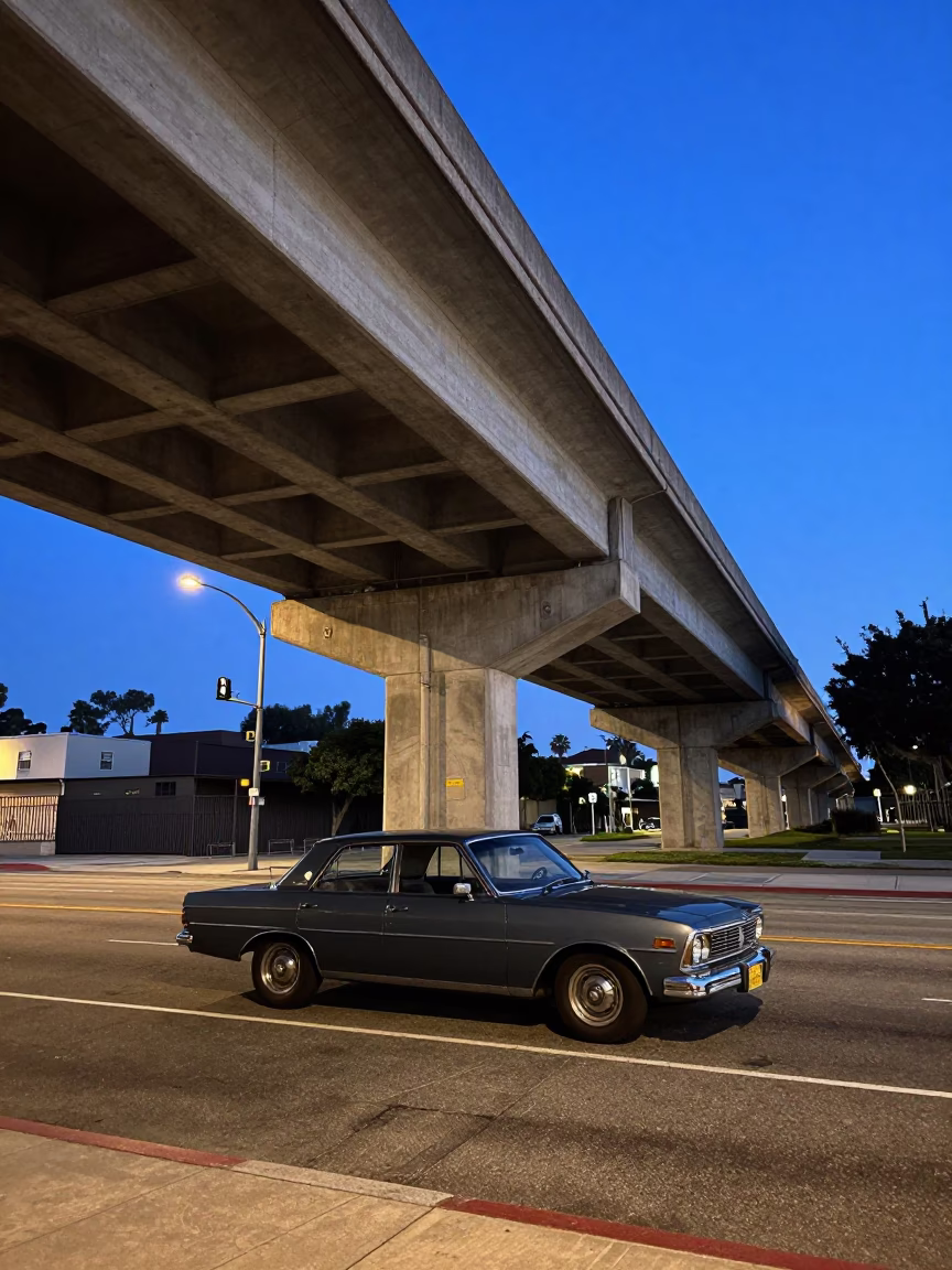 Blue Hour Los Angeles Street Scene with Concrete Viaduct and Vintage Car in in Los Angeles, California, United States