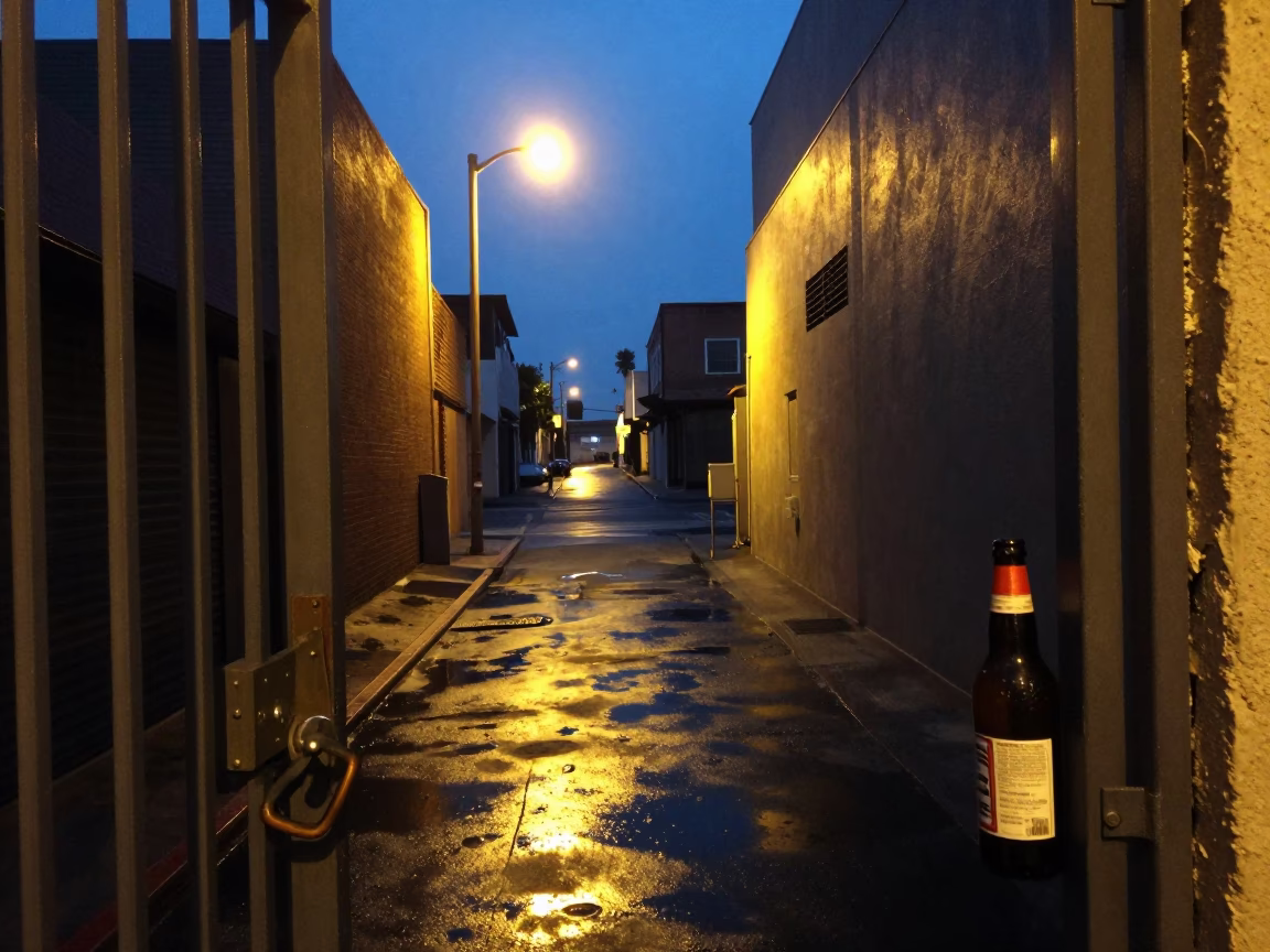 Blue Hour Los Angeles Street Scene with Gate Handle and Bottle in in Los Angeles, California, United States