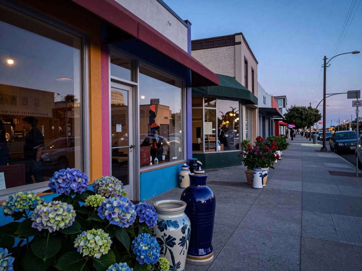 Blue Hour Los Angeles Street Scene with Glazed Ceramic and Hydrangeas in in Los Angeles, California, United States