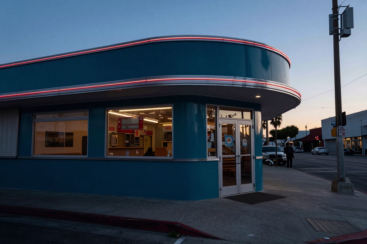 Blue Hour Los Angeles Street Scene with Glossy Enamel Surfaces and Ceramic Pitcher in in Los Angeles, California, United States