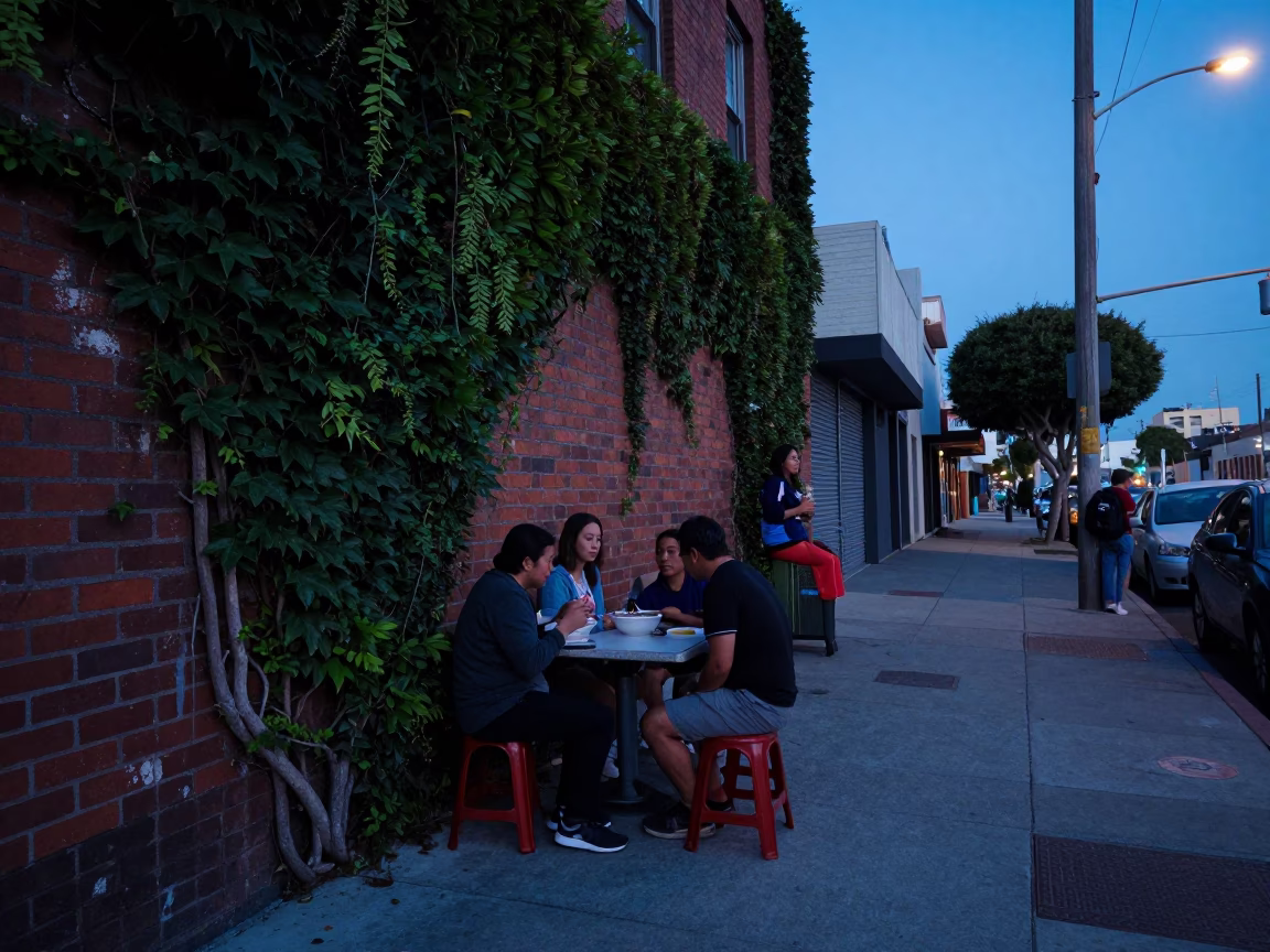 Blue Hour Los Angeles Street Scene with Ivy Brick Wall and Phở Bowl in in Los Angeles, California, United States