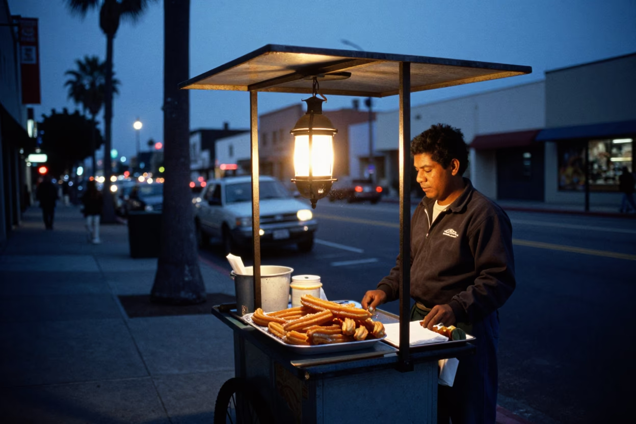 Blue Hour Los Angeles Street Scene with Lantern and Churros in in Los Angeles, California, United States
