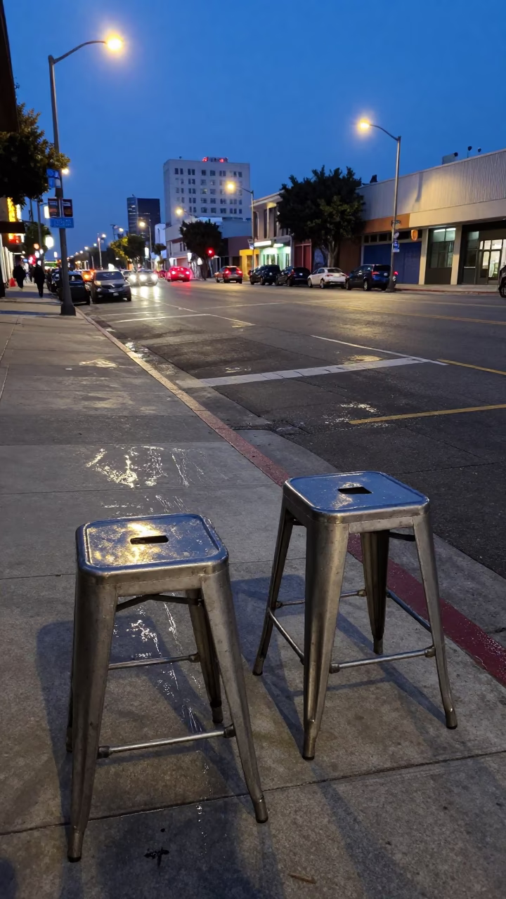 Blue Hour Los Angeles Street Scene with Metal Stools and Water Marks in in Los Angeles, California, United States