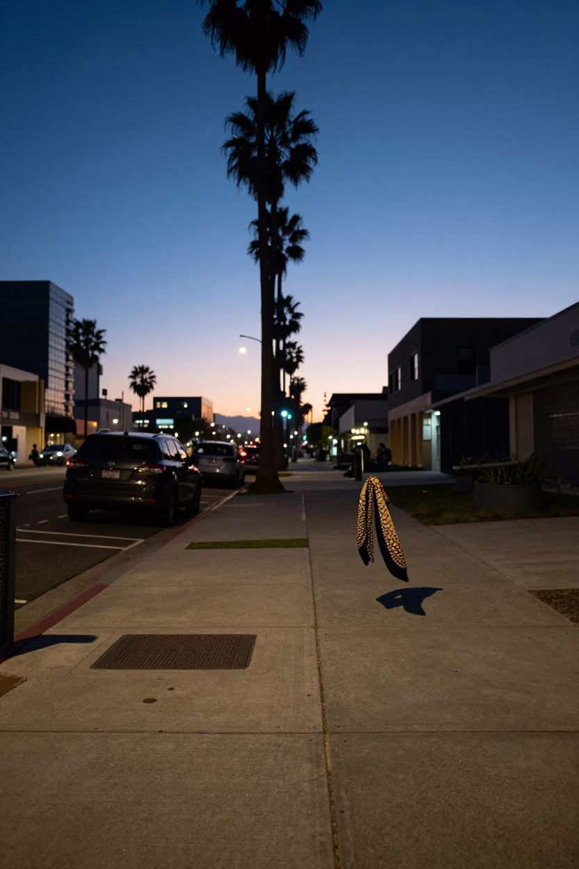 Blue Hour Los Angeles Street Scene with Scarf and Glass Rim Detail in in Los Angeles, California, United States
