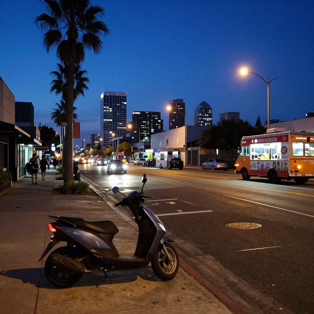 Blue Hour Los Angeles Street Scene with Scooter and City Lights in in Los Angeles, California, United States