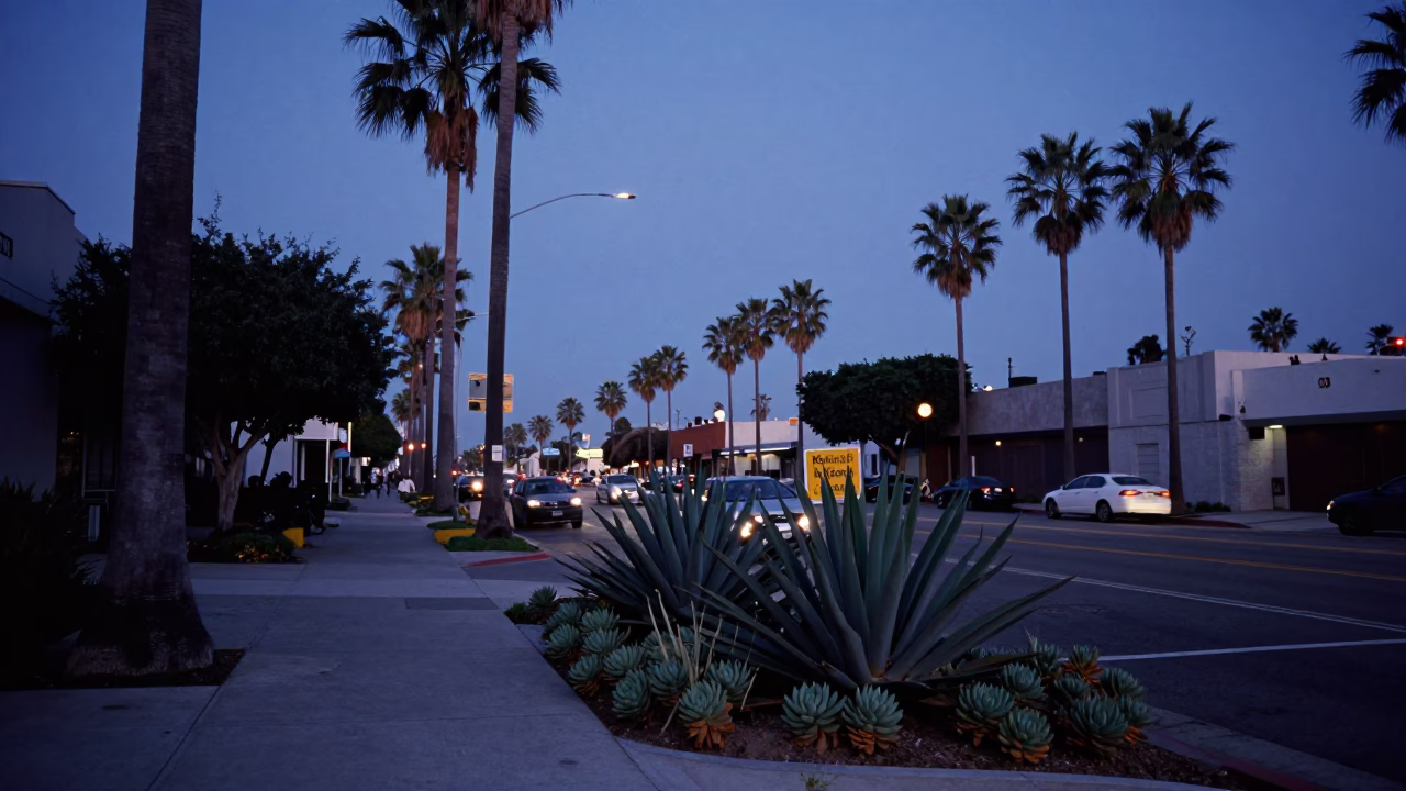 Blue Hour Los Angeles Street Scene with Succulents and Urban Details in in Los Angeles, California, United States
