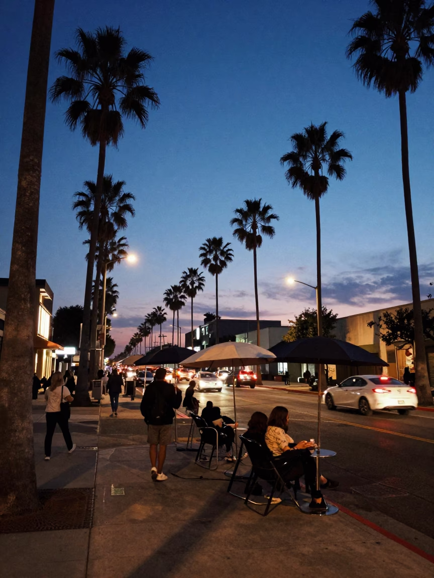 Blue Hour Los Angeles Street Scene with Umbrellas and Urban Atmosphere in in Los Angeles, California, United States