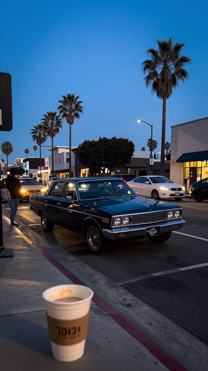 Blue Hour Los Angeles Street Scene with Vintage Car and Coffee Cup in in Los Angeles, California, United States
