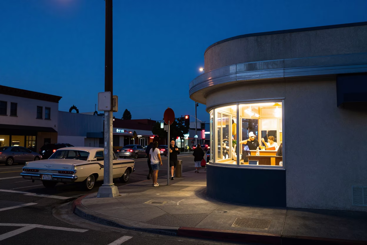Blue Hour Los Angeles Street Scene with Vintage Car and Glowing Window Light in in Los Angeles, California, United States