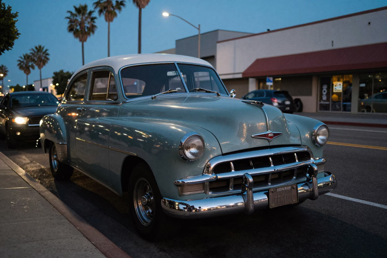 Blue Hour Los Angeles Street Scene with Vintage Car and Urban Details in in Los Angeles, California, United States