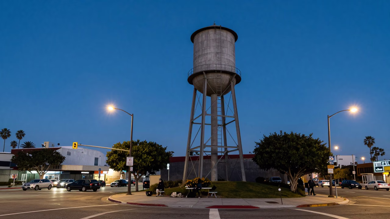 Blue Hour Los Angeles Street Scene with Water Tower and Urban Activity in in Los Angeles, California, United States