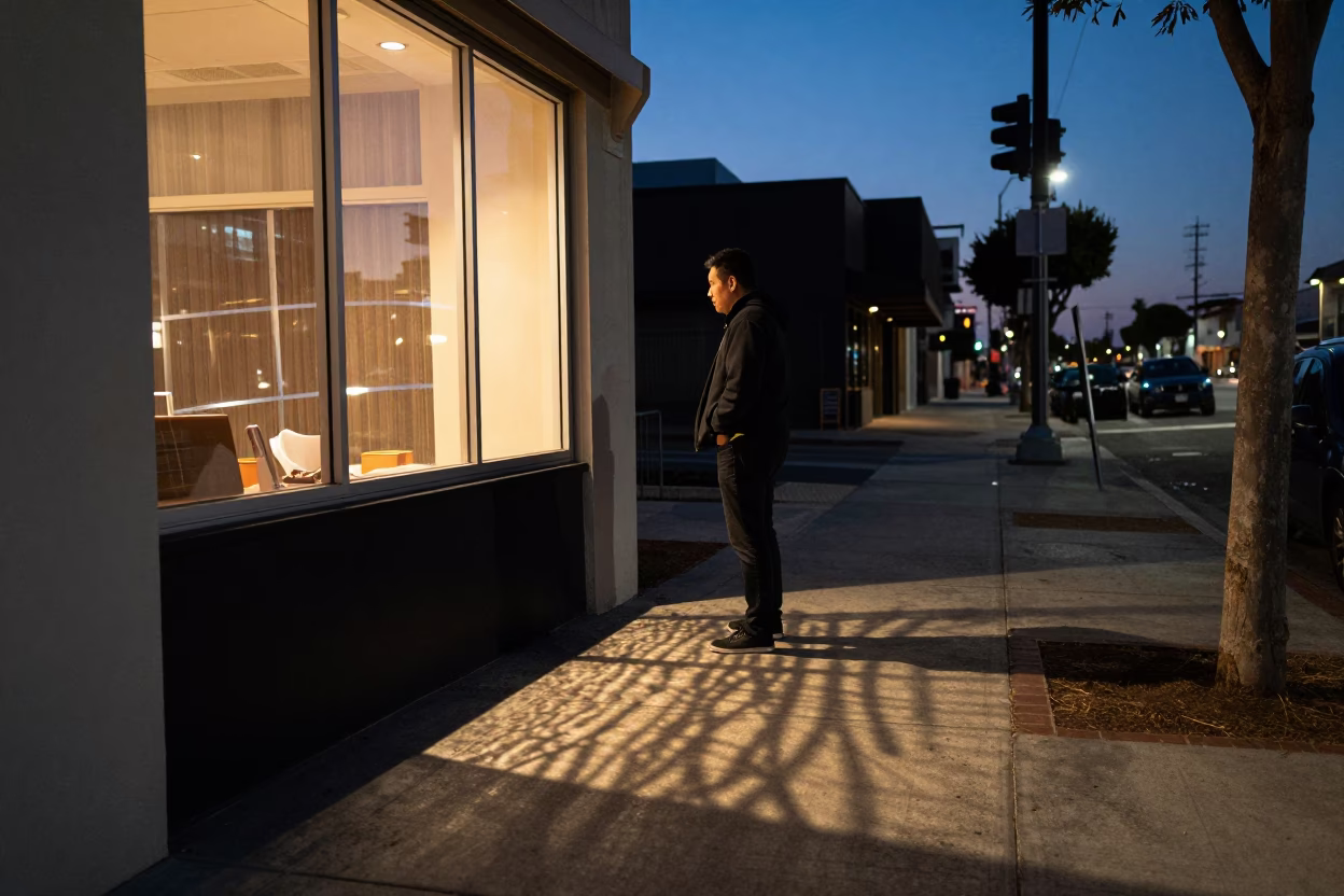 Blue Hour Los Angeles Street Scene with Wicker Shadow and Window Light on Stool in in Los Angeles, California, United States