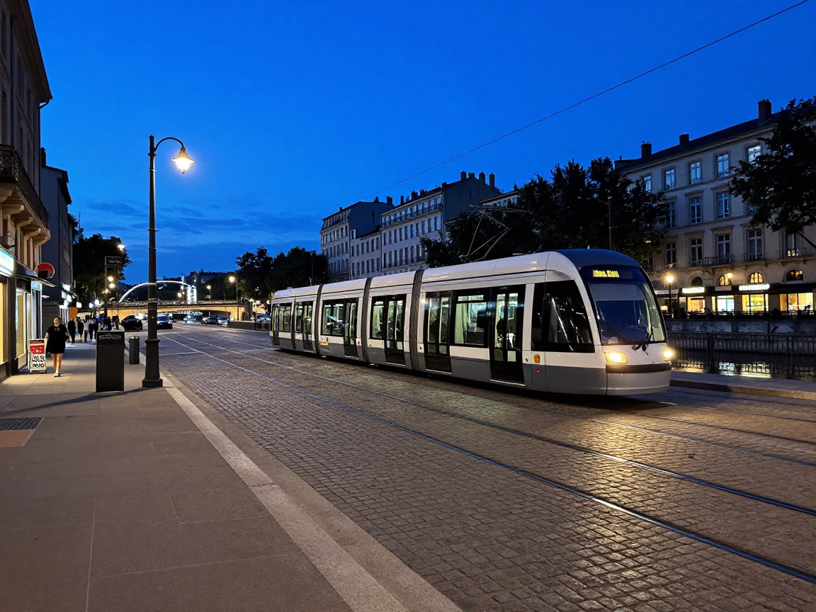 Blue Hour Lyon France Street Scene with Tramway and Reflections in in Lyon, France