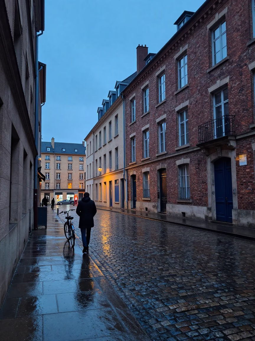 Blue Hour Lyon Street Scene Wet Cobblestones and Brick Buildings in in Lyon, France