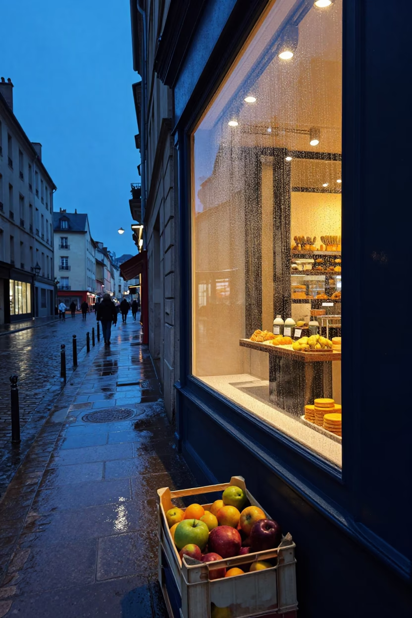 Blue Hour Lyon Street Scene with Fruit Crate and Rain Condensation in in Lyon, France