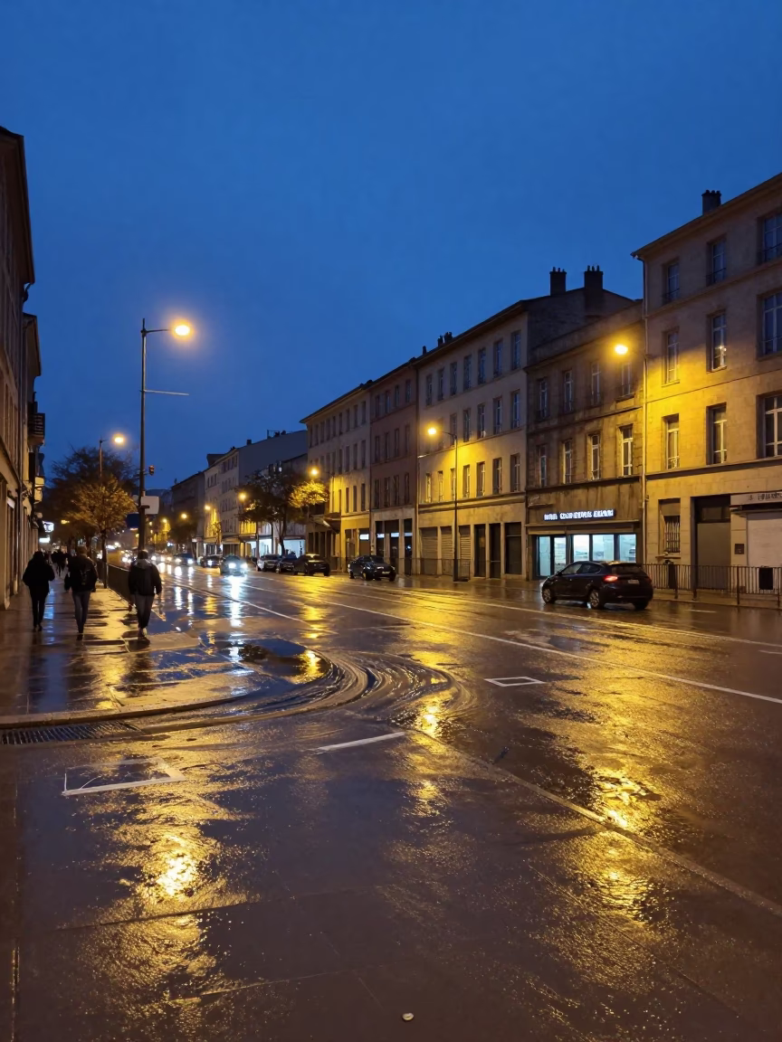 Blue Hour Lyon Street Scene with Muddy Floodwater Swirling Around Bridge Pier Base in in Lyon, France
