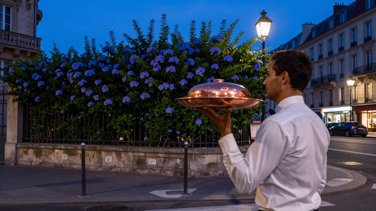 Blue Hour Lyon Street Scene with Plumbago Hedge and Copper Tray in in Lyon, France