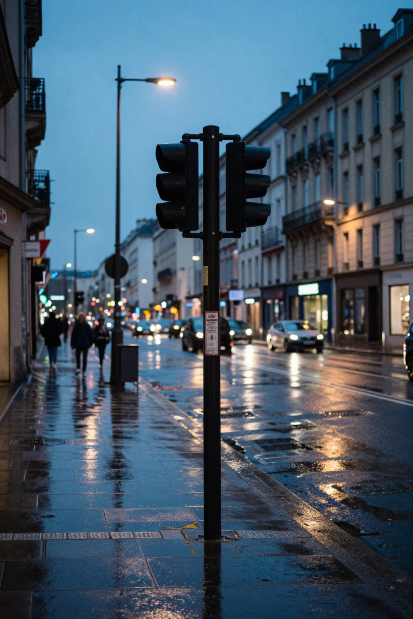 Blue Hour Lyon Street Scene with Signal Gantry and Rain Slippery Pavement in in Lyon, France